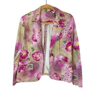 Caribbean Joe Womens Floral Print Cotton Blazer Jacket Multi-Color Size 10